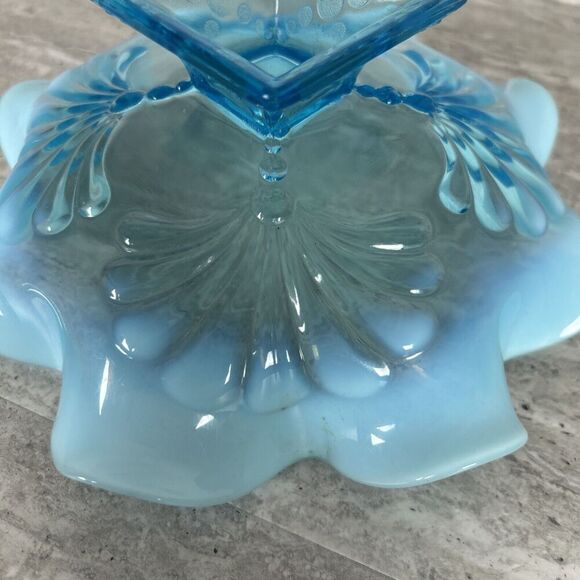 Northwood Blue Opalescent Ruffled Candy‎ Dish Shell Design Square Pedestal Base - Picture 16 of 16
